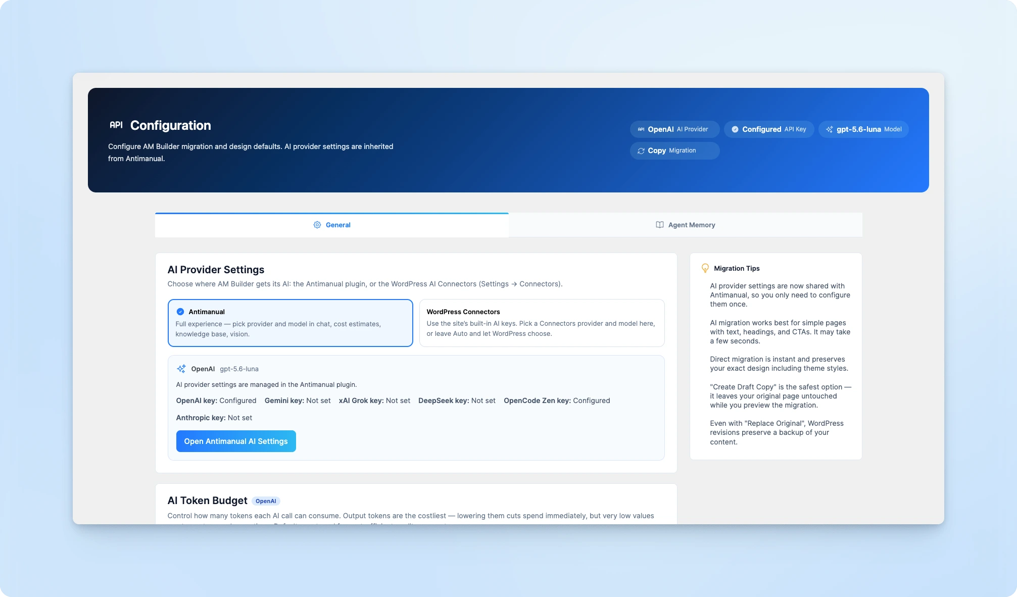 Provider connection options in Antimanual Builder