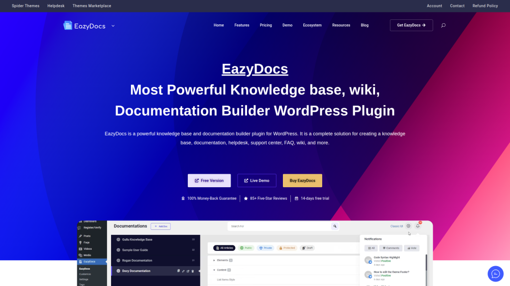 The EazyDocs marketing homepage after the move to Antimanual Builder.